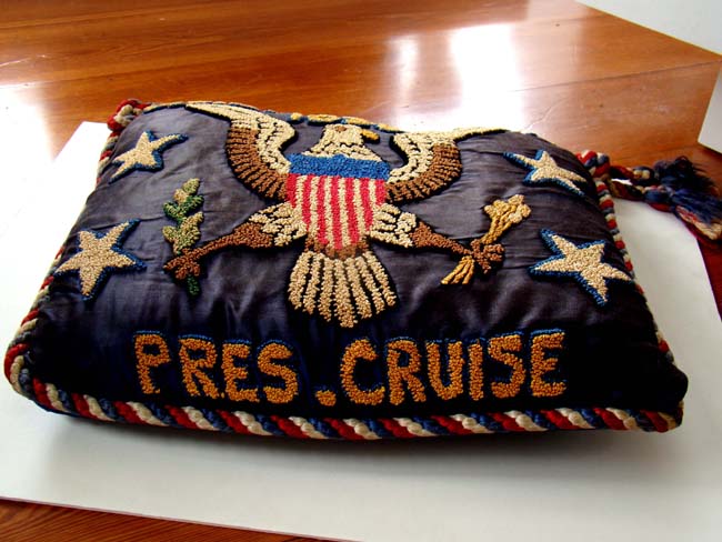 An historic silk embroidered pillow made to commemorate Pres. Franklin Roosevelt's 24 day cruise aboard the (ill-fated) USS HOUSTON in July 1938. — image 2